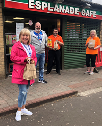 Esplanade Cafe ice cream and sweets donation to Inverclyde HSCP children's residential houses. Pictured, from left, Maria Sinclair, from The View, David McFarlane, from Crosshill, and Marco and Tania Medinelli.